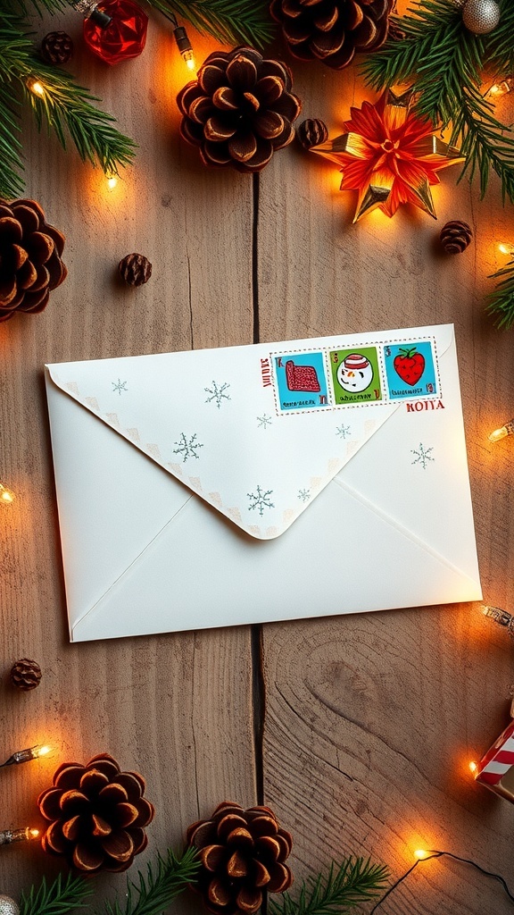 Creative Christmas Card Ideas for Envelopes A creatively decorated Christmas card envelope with stamps and doodles on a wooden table.